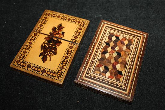 Tunbridge ware card case with perspective cube and foliate design & another similar card case